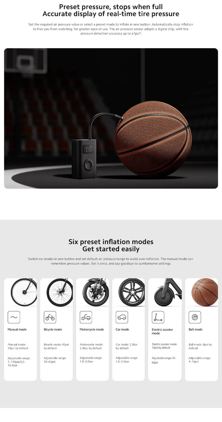 Eine tragbare Luftpumpe pumpt einen Basketball auf. Darunter sind sechs voreingestellte Aufblaseinstellungen für verschiedene Objekte beschrieben.