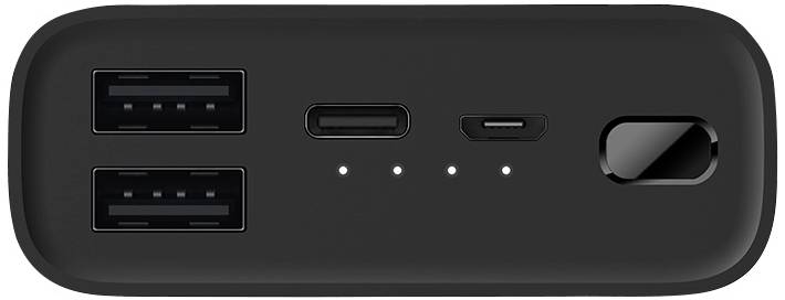 Ein schwarzes Ladegerät mit zwei USB-Anschlüssen, einem USB-C-Anschluss, einem Micro-USB-Anschluss und vier LED-Anzeigen.