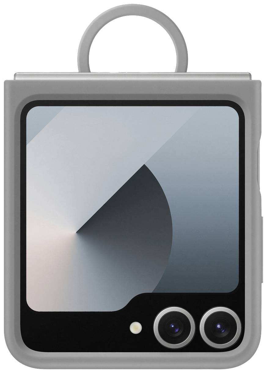 Graues Smartphone mit doppelten Kameralinsen, eingebaut in eine schützende Hülle. Das Display zeigt ein abstraktes grafisches Design.