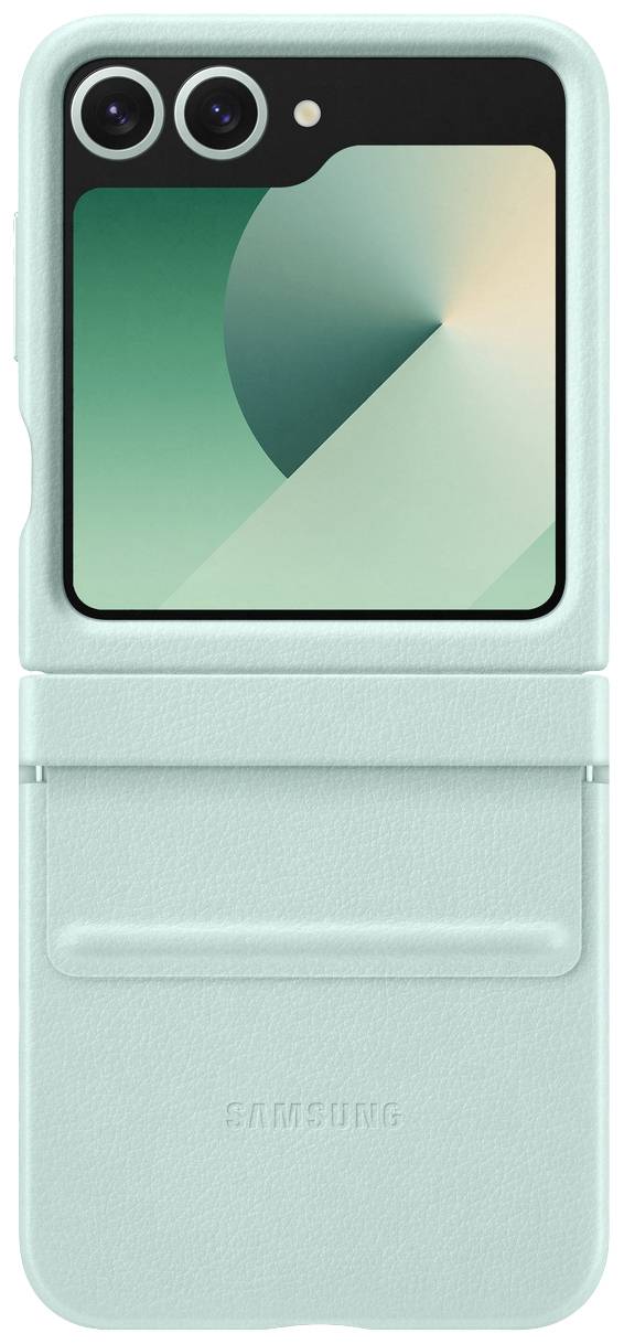 Klappbares Smartphone mit Schutzhülle in mintgrün. Offenes Display zeigt abstraktes Design in Pastellfarben. Zwei Kameralinsen oben links.