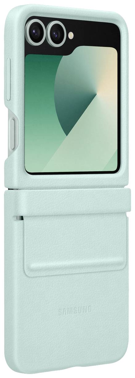 Smartphone im zusammenklappbaren Design, mintgrünes Gehäuse; zeigt zwei Kameralinsen und ein Display mit geometrischem Muster.