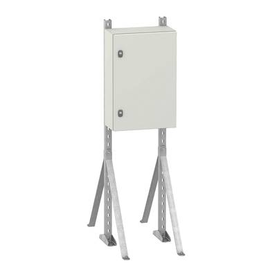 Metallschrank mit Tür, montiert auf einem stabilen, freistehenden Metallrahmen. Eignet sich zur Aufbewahrung technischer Geräte.
