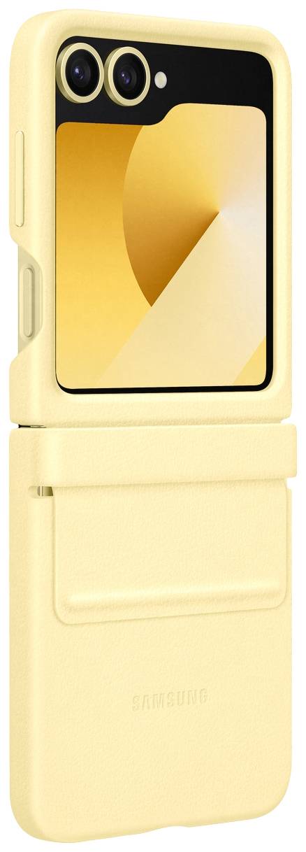 Ein gelbes Smartphone mit zwei Kameras und einem Scharnier in der Mitte. Das Gerät hat ein modernes, zusammenklappbares Design.