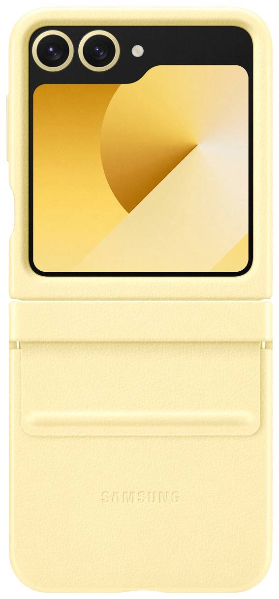 Ein gelbes Klapp-Smartphone mit zwei Kameras und einem großen äußeren Display. Das Display zeigt ein abstraktes gelbes Design.