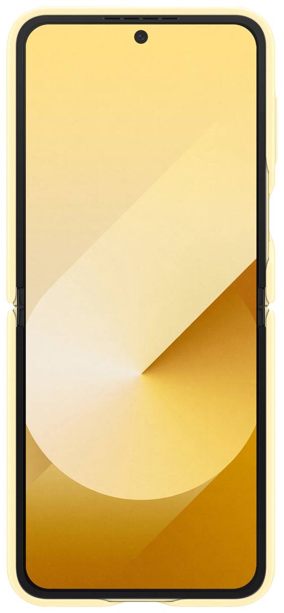 Gelbes Smartphone mit offenem Display, zentrierte Frontkamera und gelbem Gehäuse, Darstellung eines orangen Kreisdesigns auf dem Bildschirm.