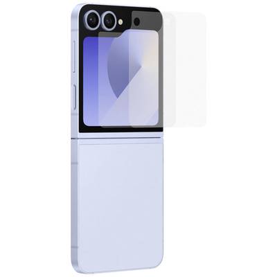 Klappbares Smartphone mit zwei äußeren Kameralinsen, geschlossen gezeigt. Das Display zeigt ein abstraktes, blaues Design.