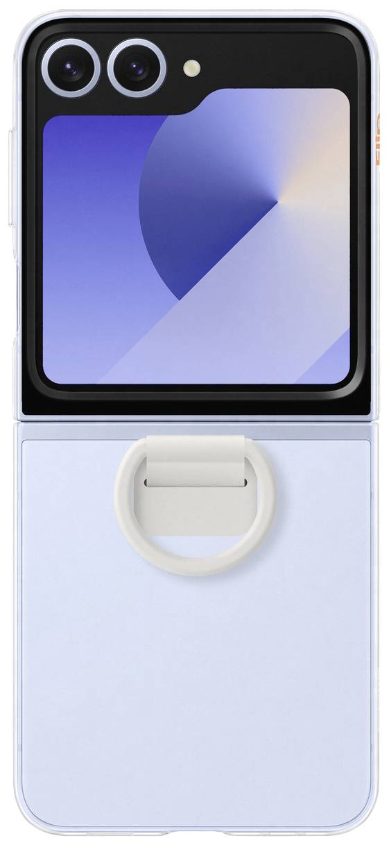 Ein zusammengeklapptes Flip-Smartphone mit zwei Kameralinsen und einem violetten Bildschirm. Auf der Rückseite befindet sich ein Haltering.