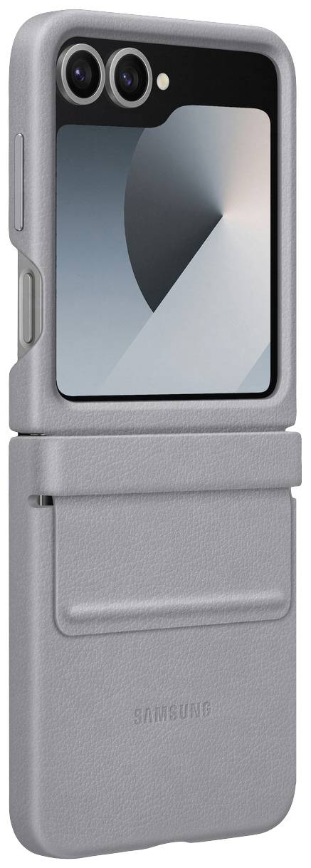 Grau farbene Schutzhülle für ein faltbares Smartphone mit zwei Kameraobjektiven und einem kleinen äußeren Display.