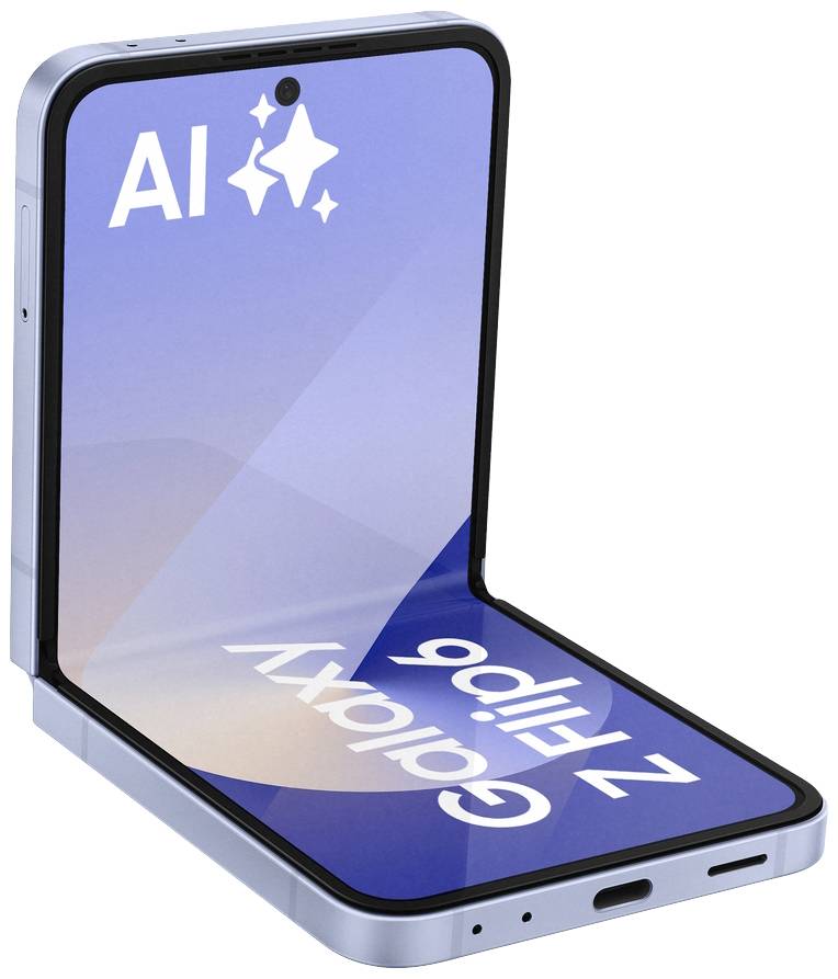 Faltbares Smartphone Galaxy Z Flip6 in geöffnetem Zustand, zeigt ein blaues Display mit 'AI'-Logo oben und Modelnamen unten.
