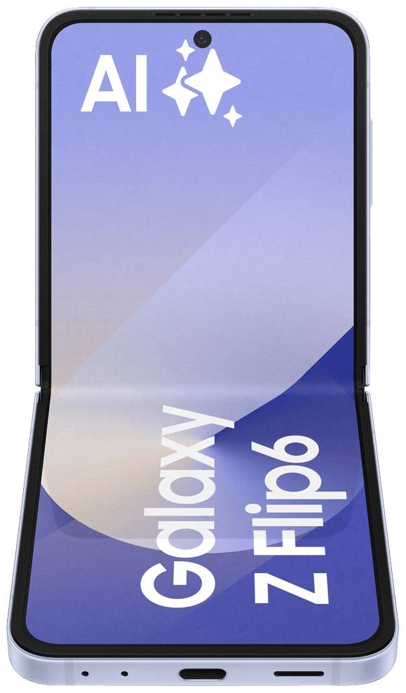 Faltbares Smartphone mit der Aufschrift 'AI', 'Galaxy Z Flip6'. Display zeigt einen blauen Himmel. Markenlogo nicht vollständig sichtbar.