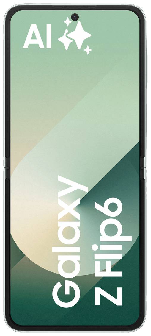 Smartphone mit aufklappbarem Bildschirm; Text 'AI Galaxy Z Flip6' auf dem Display.