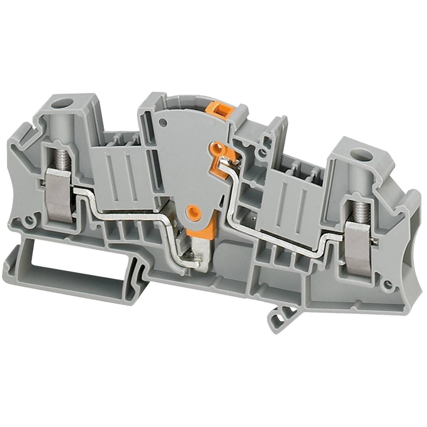 Graue elektrische Klemme mit Metallverbindungen und orangefarbener Verriegelung, verwendet für die Verbindung von Drähten.