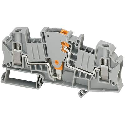 Graue elektrische Klemme mit Metallverbindungen und orangefarbener Verriegelung, verwendet für die Verbindung von Drähten.