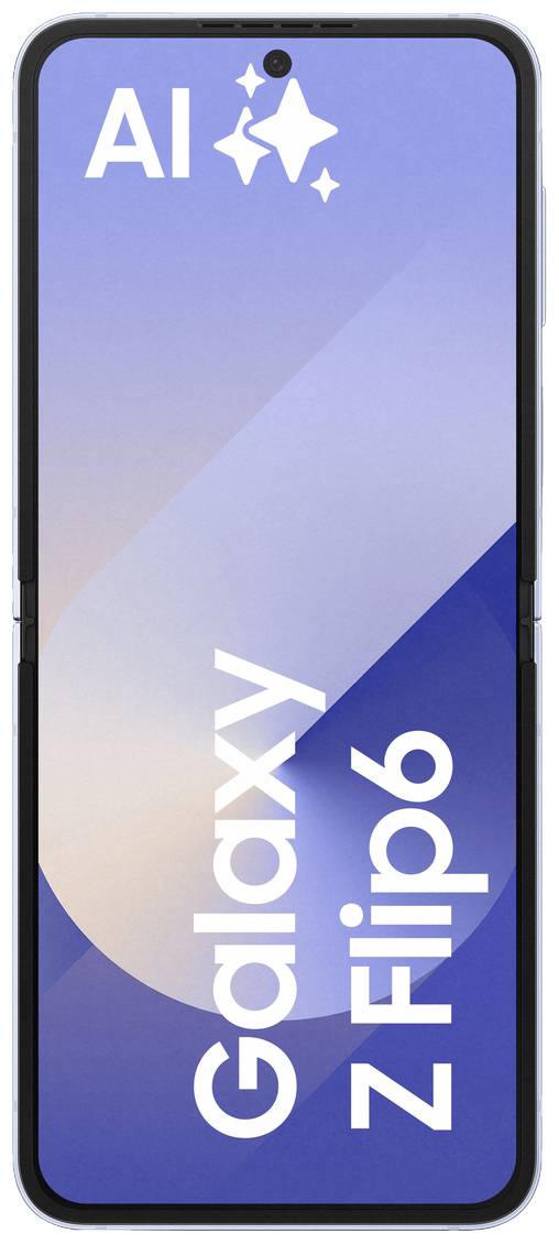Ein Smartphone mit einem großen Display und der Aufschrift 'AI Galaxy Z Flip6'. Hintergrund in Blau- und Beigetönen.