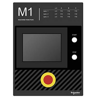 'Schaltgerät mit Bildschirm, Tasten für Start und Stop, und einem großen roten Notfallknopf unten. Label: M1 Machine Fonction.'