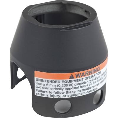 Schwarze Zylinderabdeckung mit Warnhinweis, Löcher an der Basis und Öffnung oben. Text: 'Use a 6 mm (0.236 in) diameter cylindrical...'.