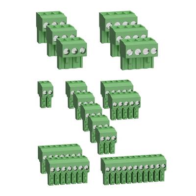 Grüne Leiterplattenklemmen in verschiedenen Größen und Stiftzahlen, hauptsächlich für elektrische Verbindungen verwendet.
