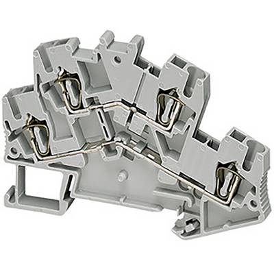 Ein grauer elektrischer Klemmblock mit mehreren Anschlüssen und Metallklemmen, verwendet zur Verbindung von Kabeln in Schaltschränken.
