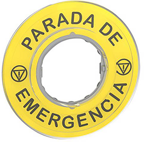 Gelbes Schild mit der Aufschrift 'PARADA DE EMERGENCIA' in schwarzer Schrift. Zeichen für Not-Aus-Funktion.