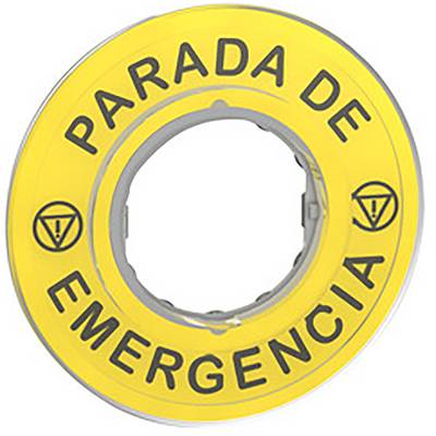 Gelbes Schild mit der Aufschrift 'PARADA DE EMERGENCIA' in schwarzer Schrift. Zeichen für Not-Aus-Funktion.