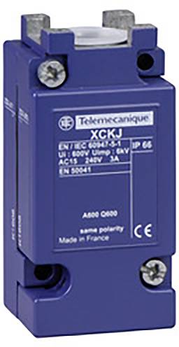 Blauer Endschalter von Telemecanique, Modell XCKJ, mit verschiedenen technischen Spezifikationen auf dem Aufkleber.