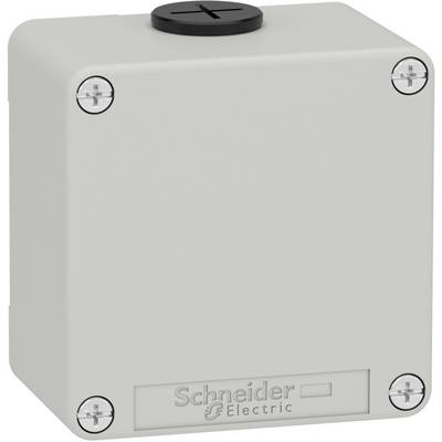 Ein graues, quadratisches elektrisches Gehäuse mit vier Schrauben an den Ecken, mit einem runden Verschluss oben, markiert mit 'Schneider Electric'.