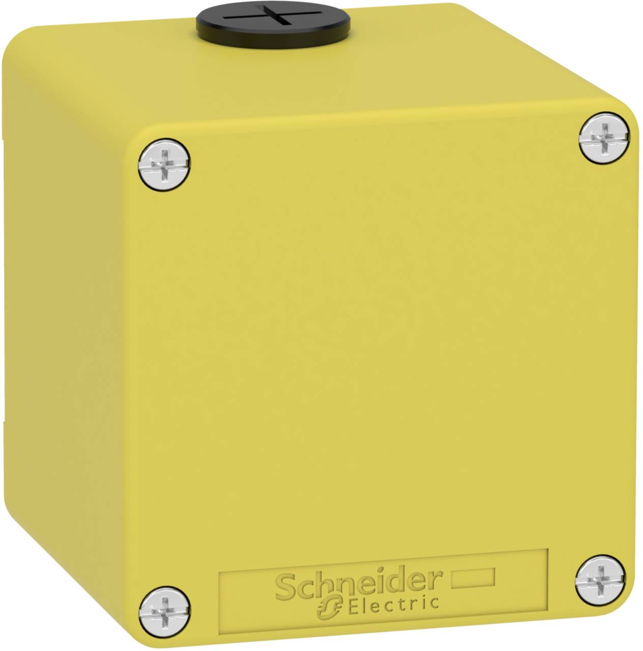 Gelbe elektrische Gehäusebox mit Schrauben an den Ecken und 'Schneider Electric'-Logo auf der Vorderseite.
