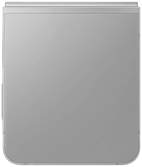 Ein zusammengeklapptes, quadratisches, silbernes Klapp-Smartphone, Vorderansicht ohne sichtbare Details oder Markenkennzeichnung.