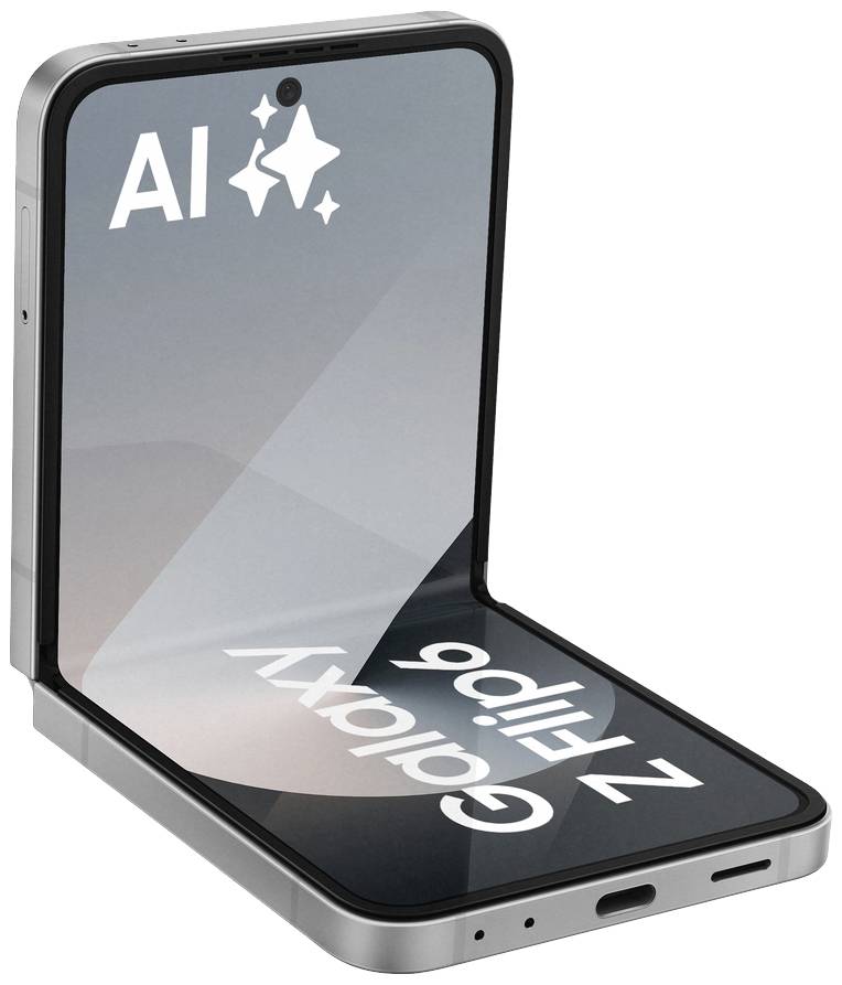 Faltbares Smartphone mit Spiegelung auf dem Display. Text auf dem Bildschirm: 'AI' und 'Galaxy Z Flip4'.