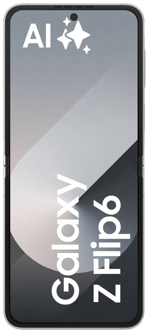 Smartphone, aufgeklappt, mit Displayvorderseite. Auf dem Bildschirm steht 'AI Galaxy Z Flip6'. Schlichtes geometrisches Hintergrundbild.