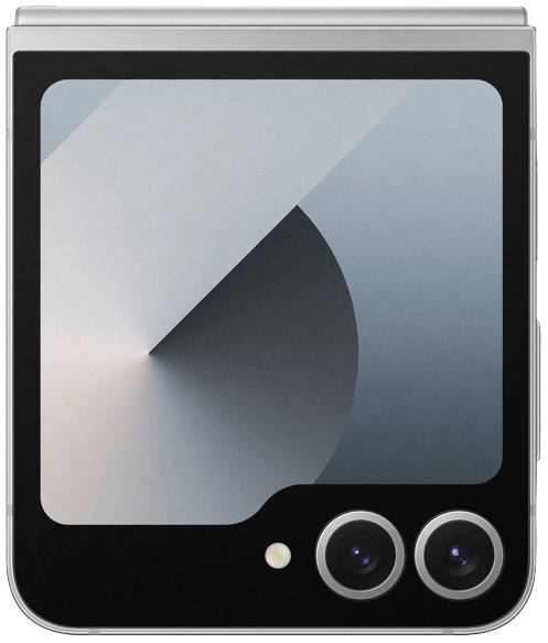 Ein Smartphone mit einem faltbaren Display ist teilweise zugeklappt und zeigt ein abstraktes Design auf dem Bildschirm.