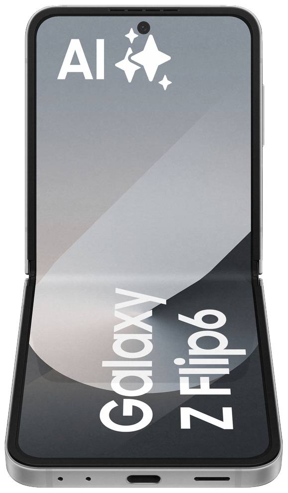 Faltbares Smartphone mit geöffnetem Bildschirm, zeigt Schrift: 'Galaxy Z Flip6' und 'AI'. Elegantes Design mit mattem Hintergrund.