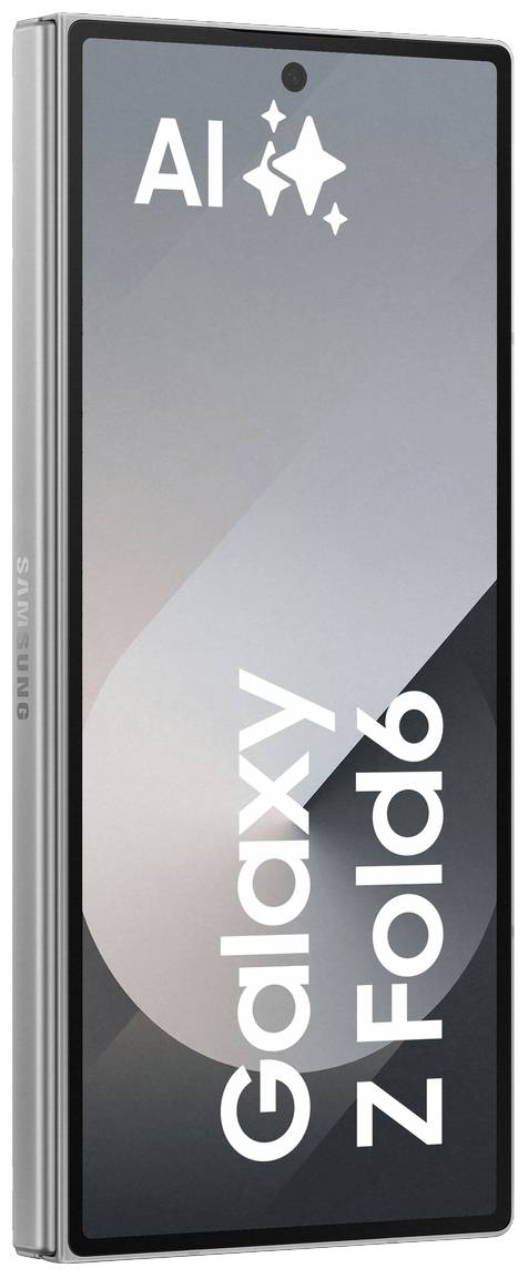 'Galaxy Z Fold6' Smartphone mit stilisierter Darstellung. Display zeigt minimalistisches Design mit 'AI'-Schriftzug und Symbolen.