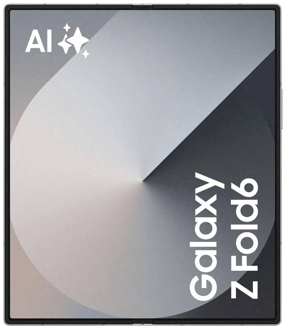 Smartphone mit großem, gefaltetem Display. Aufschrift 'AI' und 'Galaxy Z Fold6'. Modernes, minimalistisches Design.