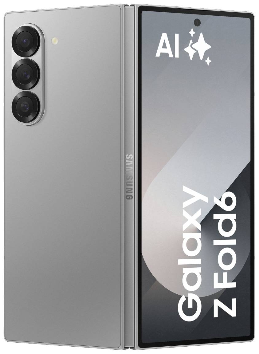 Ein hellgraues Smartphone mit drei Kameralinsen auf der Rückseite, daneben ein aufgeklappter Bildschirm mit der Aufschrift 'Galaxy Z Fold6'.
