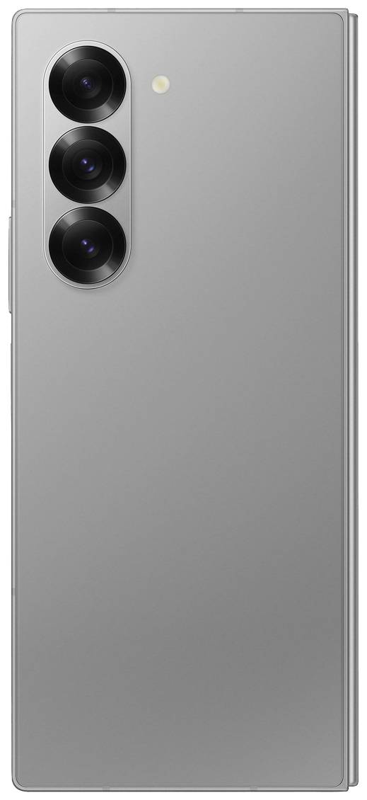 Ein modernes Smartphone in Silber mit drei vertikalen Kameralinsen und LED-Blitz auf der Rückseite. Elegant und minimalistisch gestaltet.