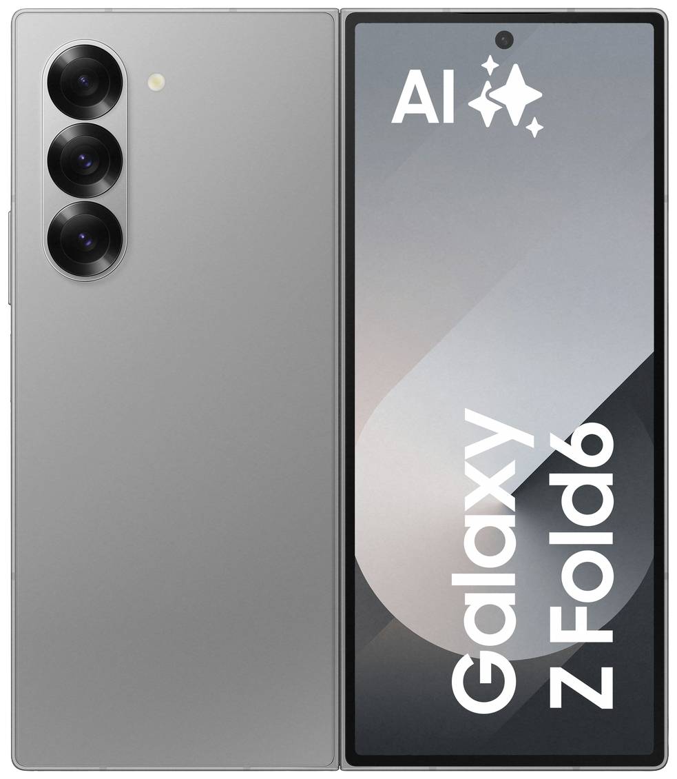 Smartphone mit drei vertikalen Kameraobjektiven links; rechts Bildschirm mit Text 'AI Galaxy Z Fold6', Design mit Farbverlauf.