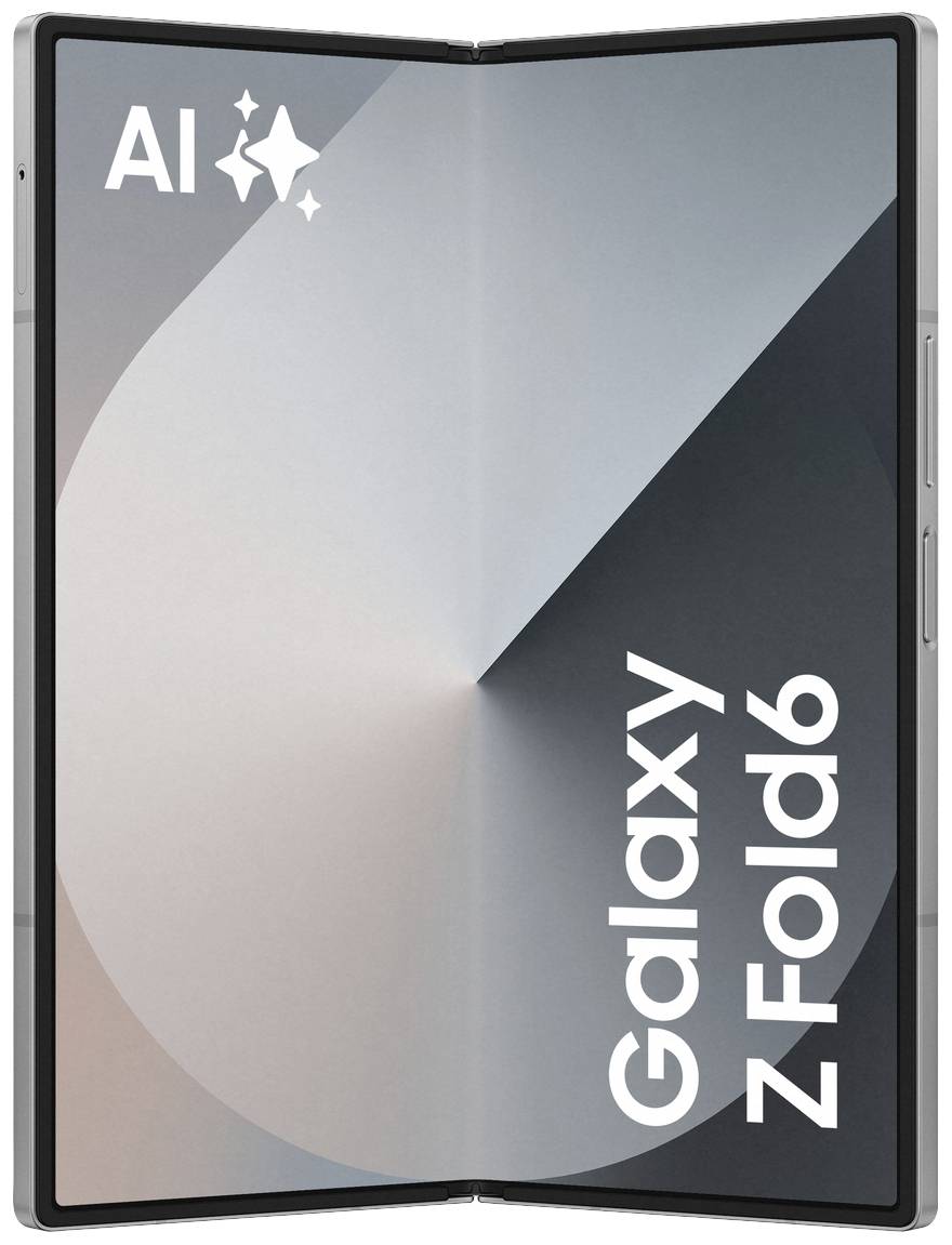 Ein faltbares Smartphone auf einem Werbebild. Bildschirm zeigt den Schriftzug 'Galaxy Z Fold6', mit dem Fokus auf die Flexibilität des Geräts.