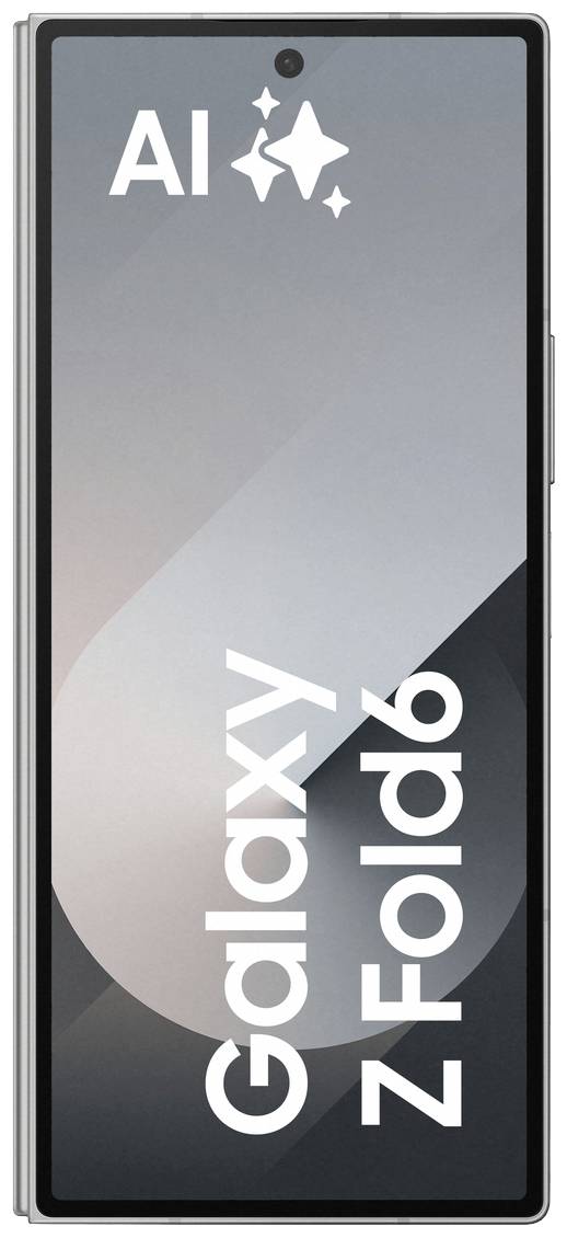 Smartphone mit Text 'AI Galaxy Z Fold6' auf dem Bildschirm. Moderne, minimalistische Anzeige.