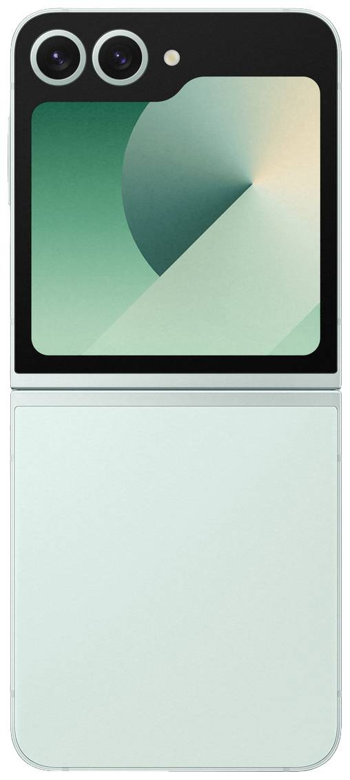 Ein aufklappbares Smartphone in hellem Mintgrün mit zwei Kameralinsen und einem kleinen Außendisplay, das geometrische Kunst zeigt.