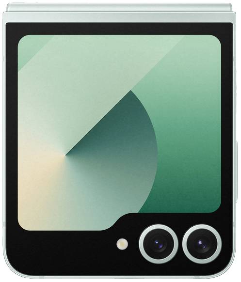 Ein Smartphone mit einem faltbaren Bildschirm und zwei Kameralinsen auf der Rückseite in grünem, minimalistischem Design.