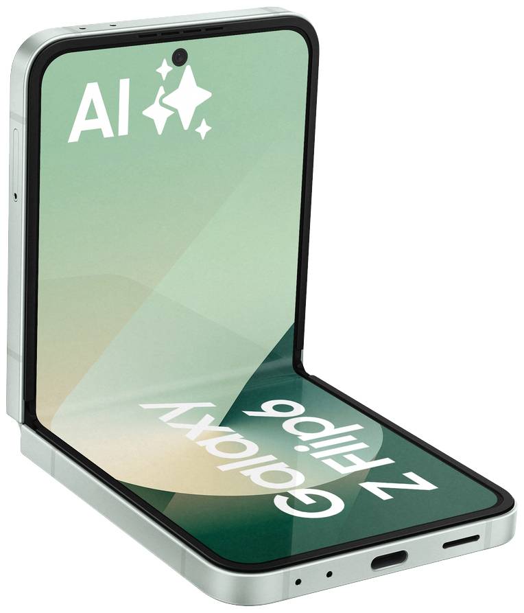 Das Bild zeigt ein halb geöffnetes, schwenkbares Smartphone mit der Aufschrift 'Galaxy Z Flip 5' und dem Wort 'AI' auf dem Bildschirm.