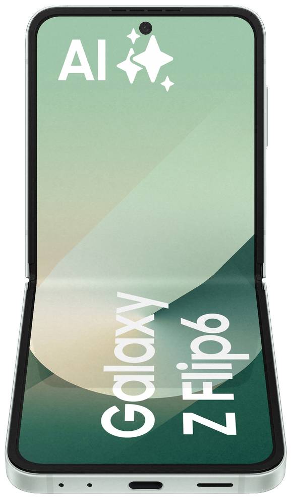Klappbares Smartphone mit der Aufschrift 'Galaxy Z Flip6', Bildschirm zeigt einen Pastell-Hintergrund. Oben links steht 'AI' mit einem Symbol.