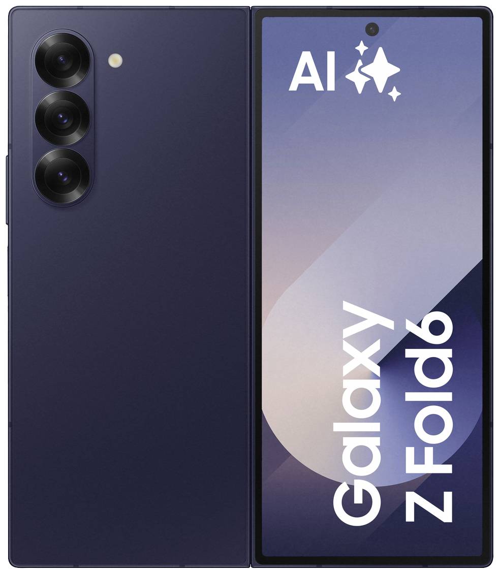Ein modernes Smartphone mit großem klappbarem Display. Text 'AI Galaxy Z Fold6' oben rechts auf dem Bildschirm.