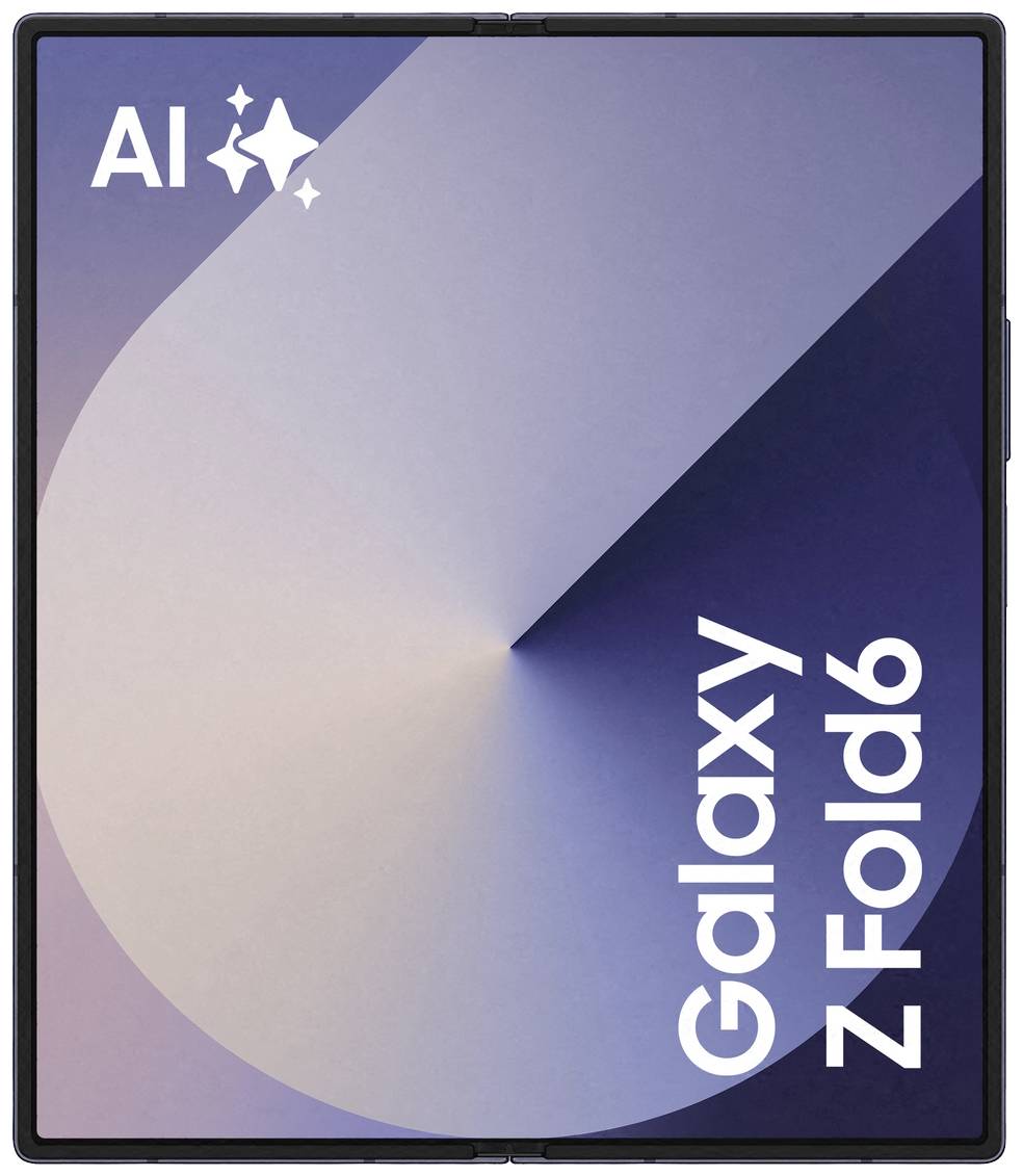 Handybildschirm des Galaxy Z Fold6 mit modernem, abstraktem Design und AI-Symbol oben links. Angedeutete, gefaltete Form.