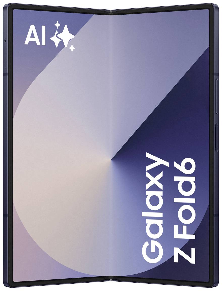 Ein aufgeklapptes Smartphone mit Beschriftung 'Galaxy Z Fold6' und 'AI'-Logo auf dem Bildschirm, modernes Design.
