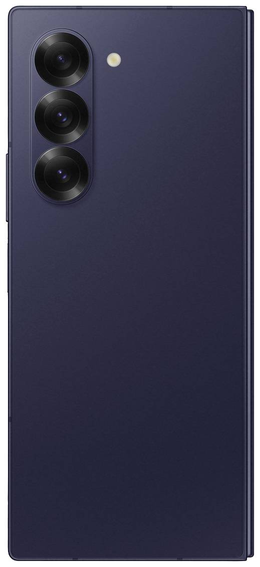 Smartphone mit drei vertikal angeordneten Kameralinsen auf der Rückseite; dunkelblaue Farbe.