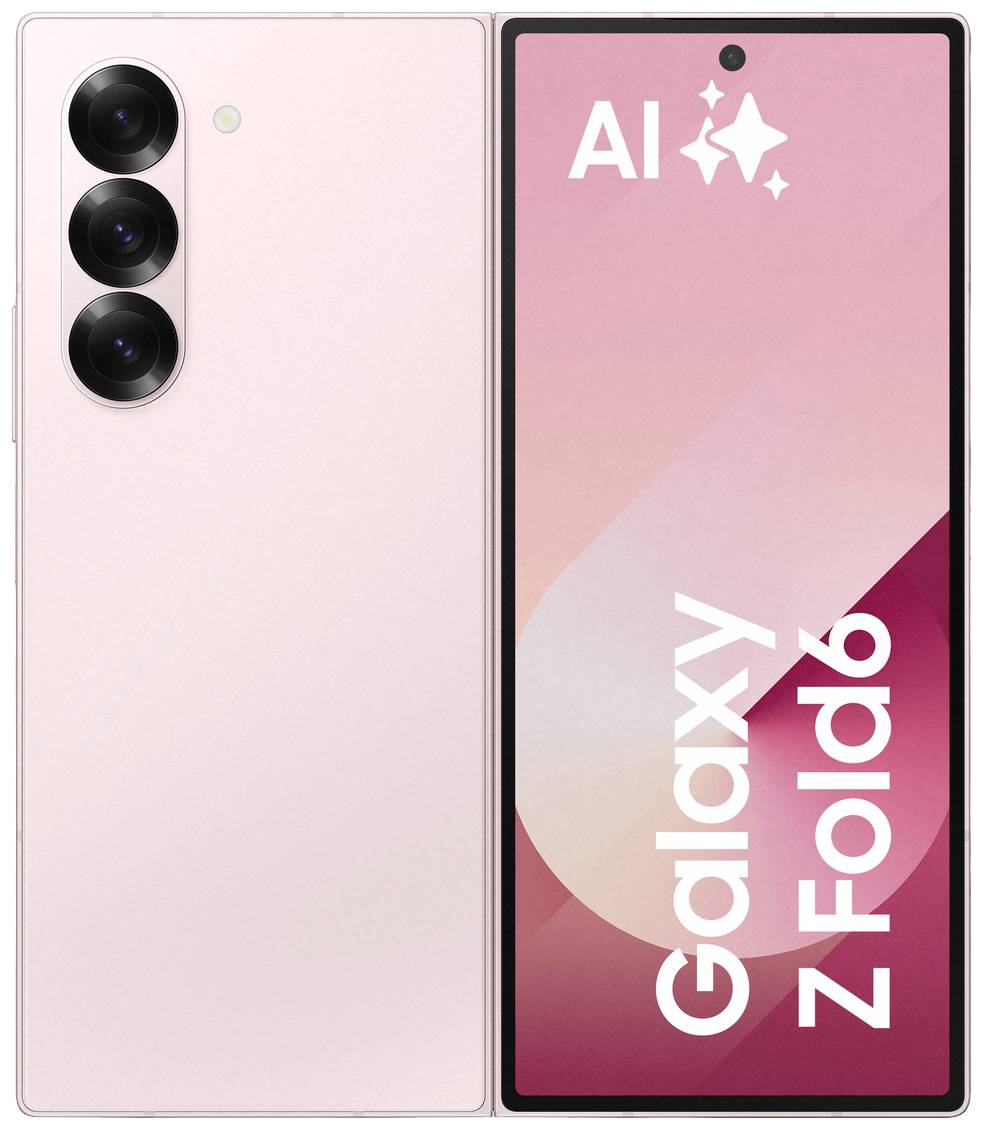 'Galaxy Z Fold6' Smartphone in Rosa mit drei Kameras auf der Rückseite. Vorderseite zeigt den Bildschirm mit KI-Symbolen.