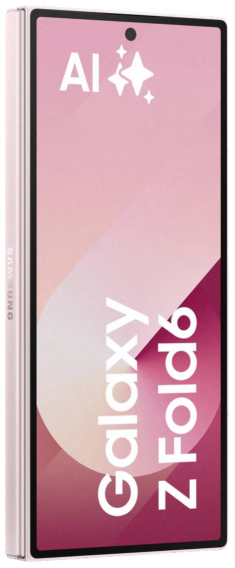 Falt-Smartphone in rosa Farbe mit der Beschriftung 'Galaxy Z Fold6'. Das Gerät ist halb geöffnet, mit einem schlanken, modernen Design.