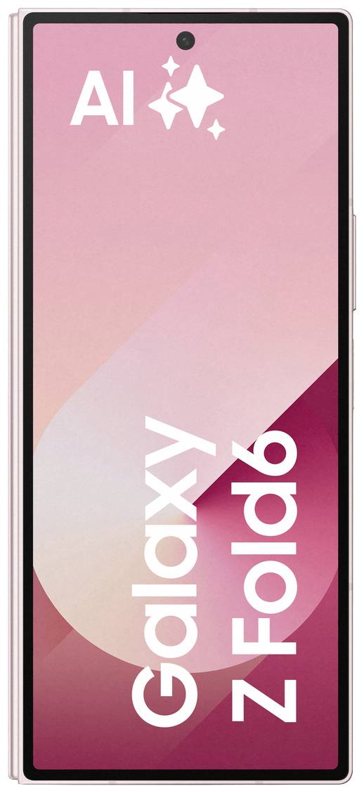 Ein Smartphone mit großem Display, auf dem 'Galaxy Z Fold6' in weißem Text auf einem rosa Hintergrund steht. Oben links ist 'AI' zu sehen.